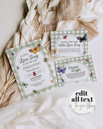 Love Bug Baby Shower Invitation Suite Template, Green Gingham A Little Lovebug Printable #072 - TheLovebirdsDesign