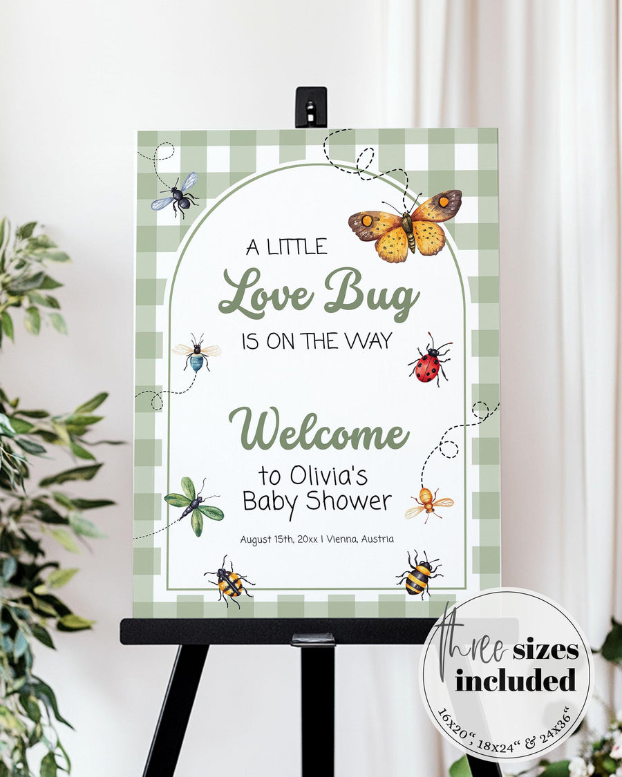 Baby Shower Welcome Sign Love Bug Template, Green Gingham Cottagecore Bugs Butterfly Sign 101LB-WLCM-GR - marryful.org
