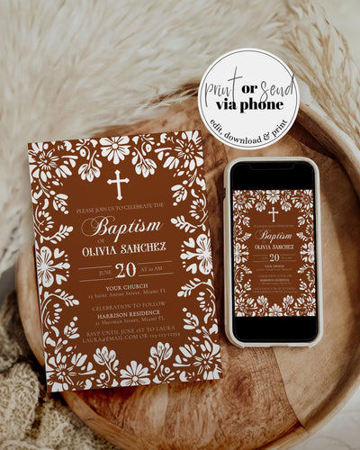 Gender Neutral Cielito Lindo Baptism Invitation Papel Picado Bautizo Fiesta Invite Vintage Mexican Talavera Baptism Invite Template #067 - TheLovebirdsDesign