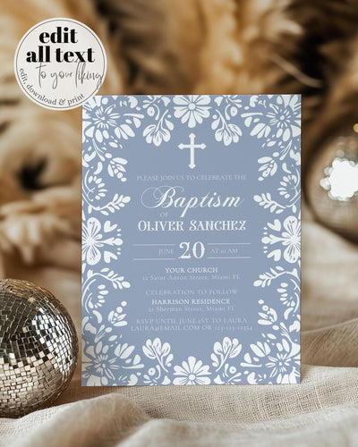 Blue Cielito Lindo Baptism Invitation Template Papel Picado Mexican Themed Bautizo Celebracion Vintage Baptism Invite for Boys Template #067 - TheLovebirdsDesign