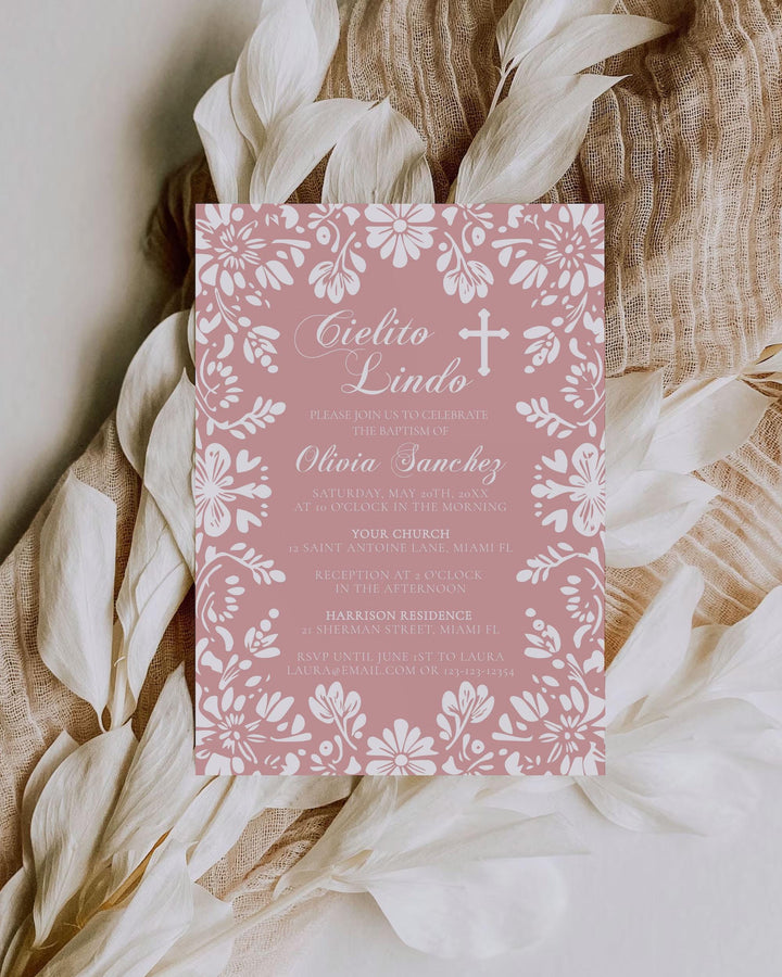 Pink Cielito Lindo Baptism Invitation Editable Mexican themed Baptism Invite Template Cielito Lindo Bautizo Talavera Papel Picado #067 - TheLovebirdsDesign