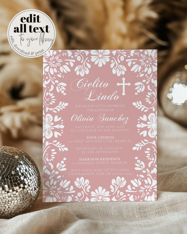 Pink Cielito Lindo Baptism Invitation Editable Mexican themed Baptism Invite Template Cielito Lindo Bautizo Talavera Papel Picado #067 - TheLovebirdsDesign