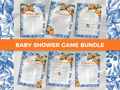 Little Cutie is on it's way Citrus Orange Amalfi Coast Baby Shower Game Bundle, Toile de Jouy Mediterranean Baby Shower Game Template #072 - TheLovebirdsDesign