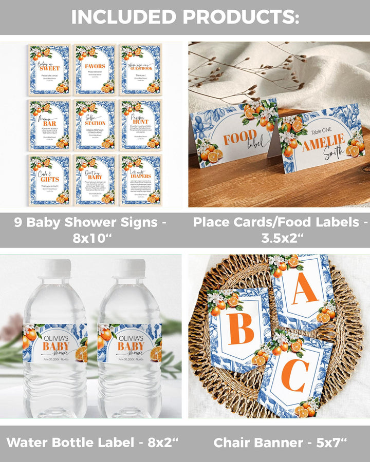 Little Cutie on it's way Citrus Orange Amalfi Coast Baby Shower Invitation Bundle, Toile de Jouy Mediterranean Shower Template Bundle #072 - TheLovebirdsDesign