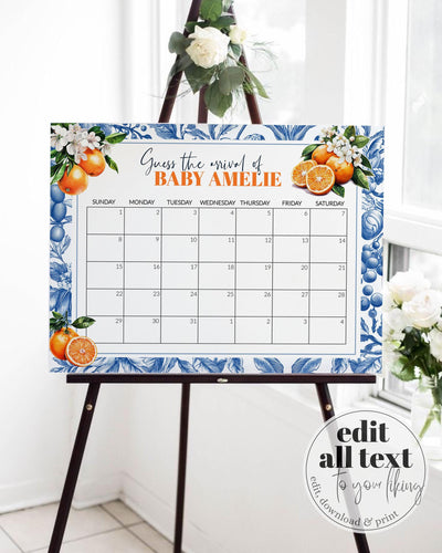 Little Cutie Baby Arrival Game Sign Orange Amalfi Coast Baby Shower Decoration Guess due date Sign Mediterranean Baby Shower Template #072 - TheLovebirdsDesign