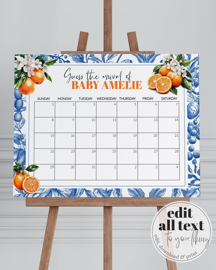 Little Cutie Baby Arrival Game Sign Orange Amalfi Coast Baby Shower Decoration Guess due date Sign Mediterranean Baby Shower Template #072 - TheLovebirdsDesign