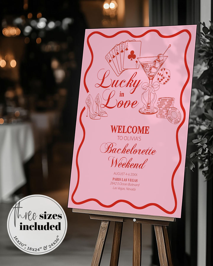 Lucky in Love Handwritten Bachelorette Welcome Sign, Las Vegas Bridal Shower Girls Trip Bach Weekend Editable Decoration Sign Template #072 - TheLovebirdsDesign