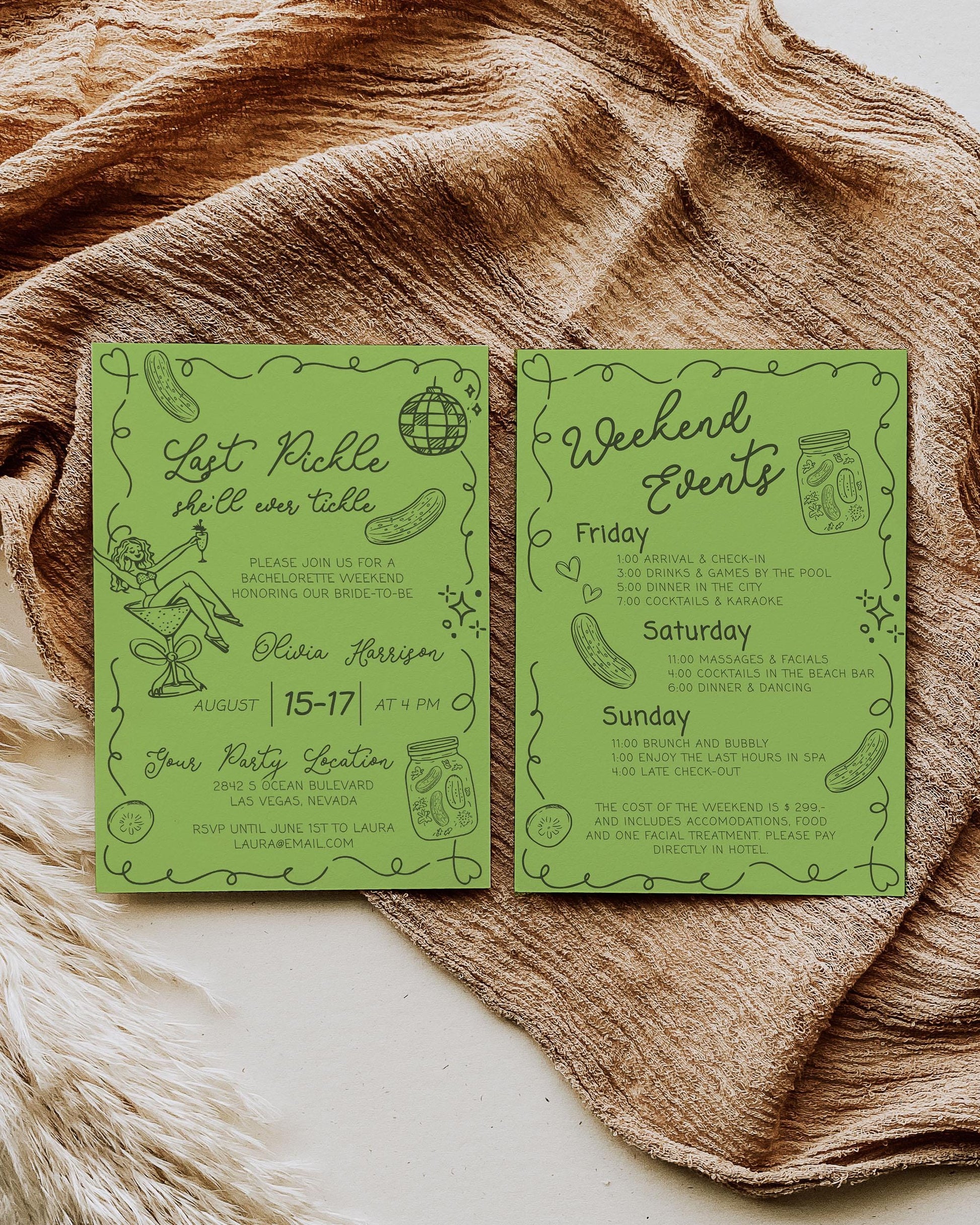 Last Pickle she'll ever tickle Bachelorette Weekend Itinerary Pickle Bach Party Hen Do Girls Trip Party Invitation Schedule Template #070 - TheLovebirdsDesign