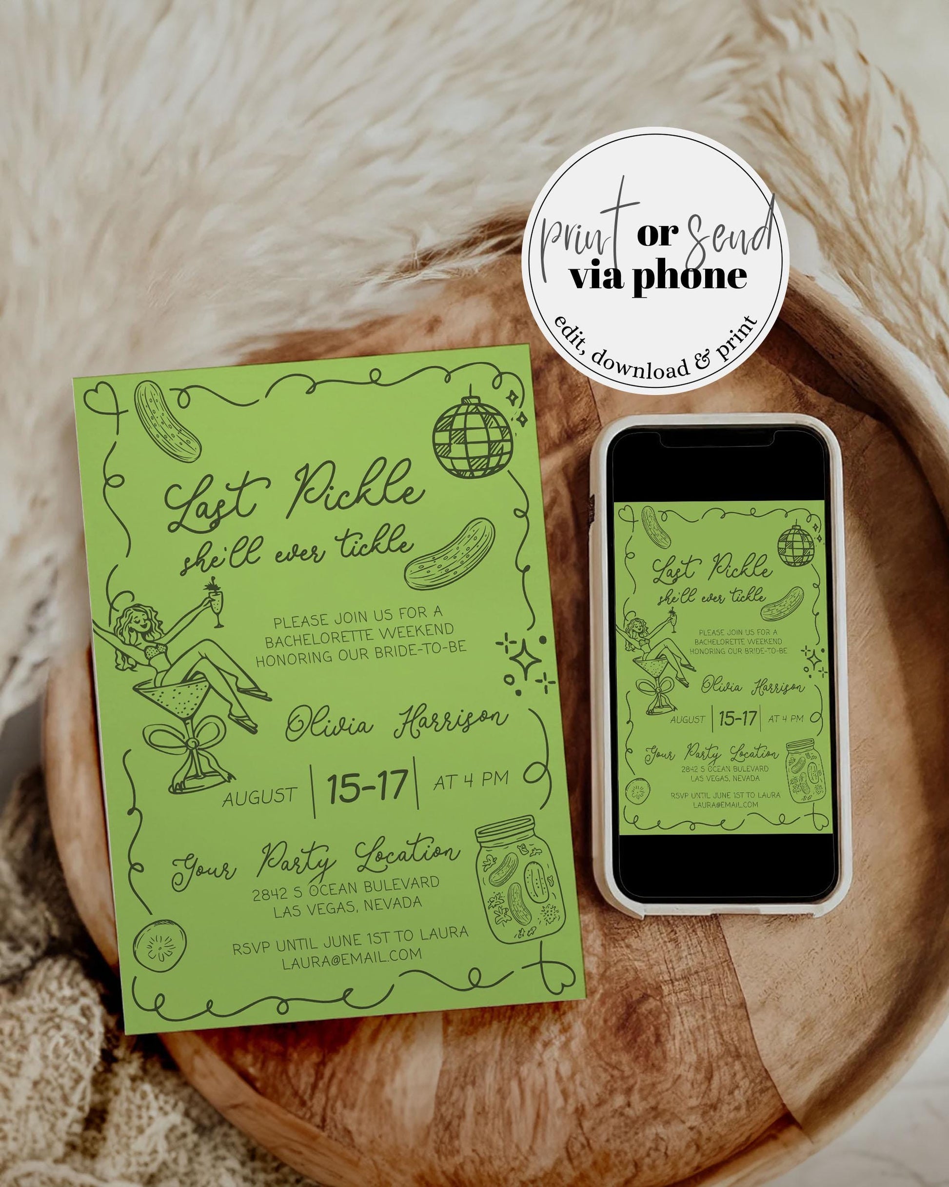 Last Pickle she'll ever tickle Bachelorette Weekend Itinerary Pickle Bach Party Hen Do Girls Trip Party Invitation Schedule Template #070 - TheLovebirdsDesign