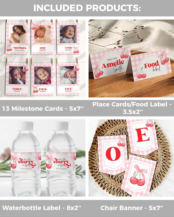 Cherry 1st Birthday Bundle Cherry On Top 1st Birthday Invitation Bundle Coquette Bows Summer First Birthday Party Decoration Template #068 - TheLovebirdsDesign