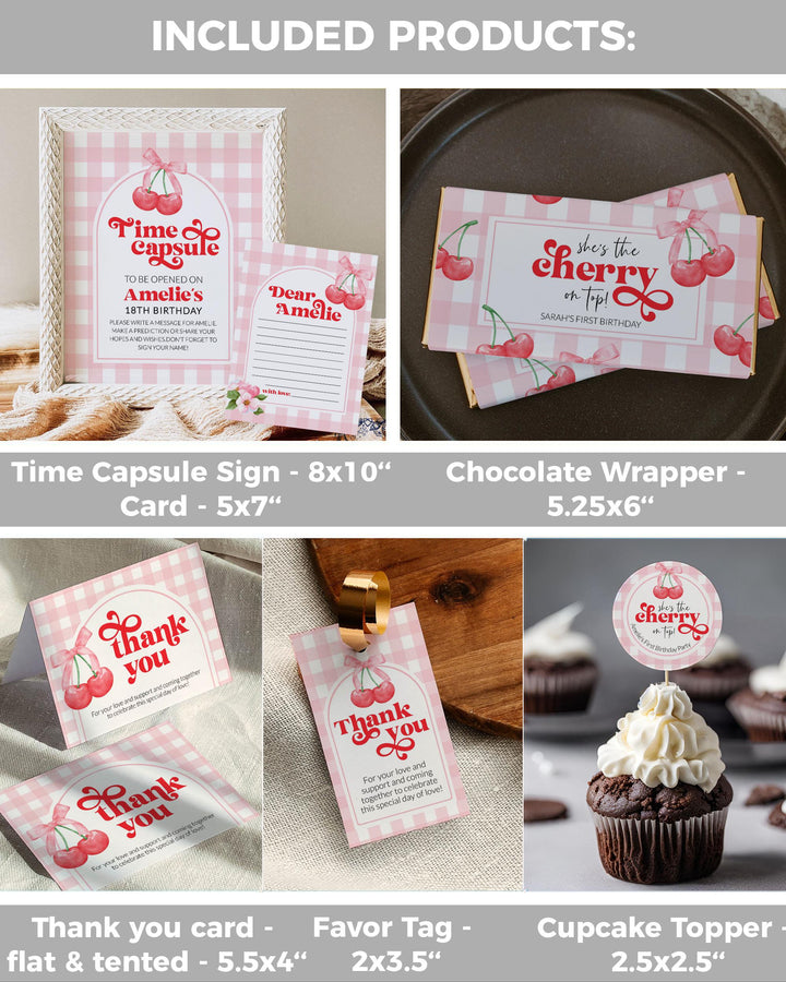 Cherry 1st Birthday Bundle Cherry On Top 1st Birthday Invitation Bundle Coquette Bows Summer First Birthday Party Decoration Template #068 - TheLovebirdsDesign