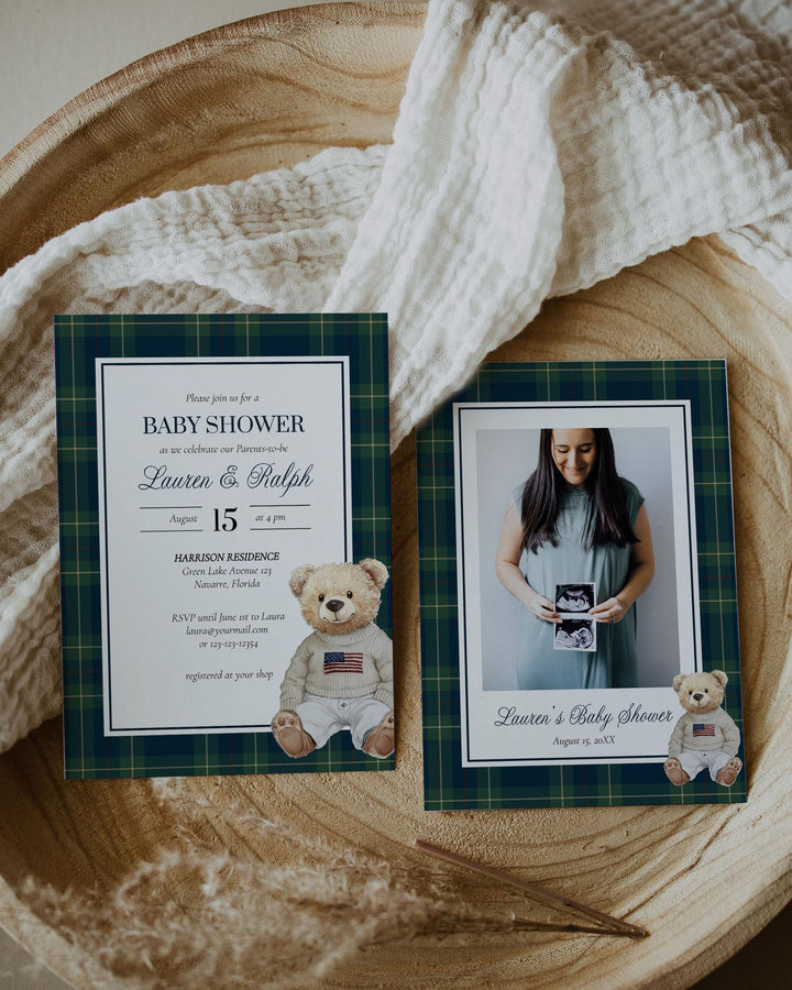 Classic Luxury Ralph Polo Baby Shower Invitation Gender Neutral Beige Bear Baby Shower Invite Teddy Bear Plaid Elegant Theme Template #068 - TheLovebirdsDesign