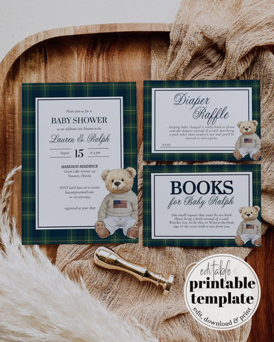 Classic Luxury Ralph Polo Baby Shower Invitation Gender Neutral Beige Bear Baby Shower Invite Teddy Bear Plaid Elegant Theme Template #068 - TheLovebirdsDesign