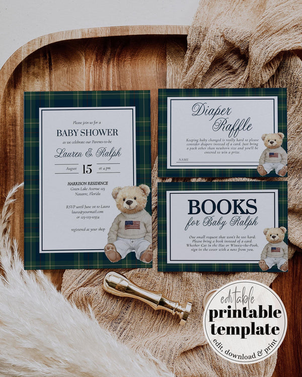 Classic Luxury Ralph Polo Baby Shower Invitation Gender Neutral Beige Bear Baby Shower Invite Teddy Bear Plaid Elegant Theme Template #068 - TheLovebirdsDesign