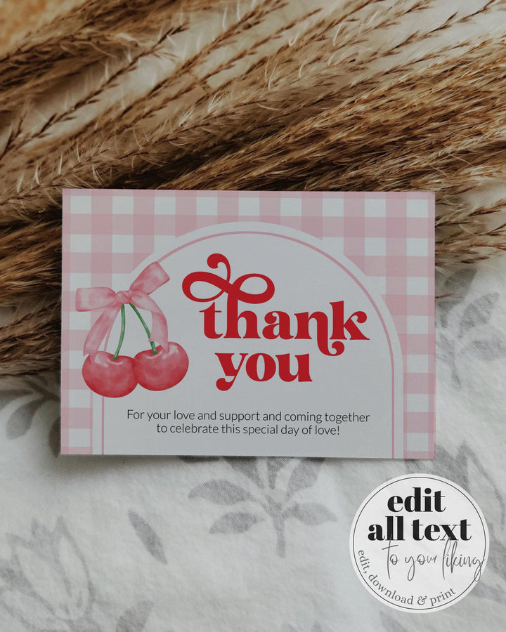 Cherry on top Thank you card for Cherry themed Baby Shower 1st Birthday or Bachelorette Gingham Coquette Bow Thank you Note Template #068 - TheLovebirdsDesign