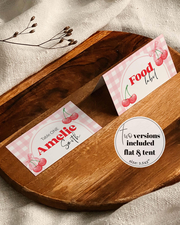 Cherry on top place cards for Cherry themed Baby Shower 1st Birthday or Bachelorette Gingham Coquette Bow food label Template #068 - TheLovebirdsDesign