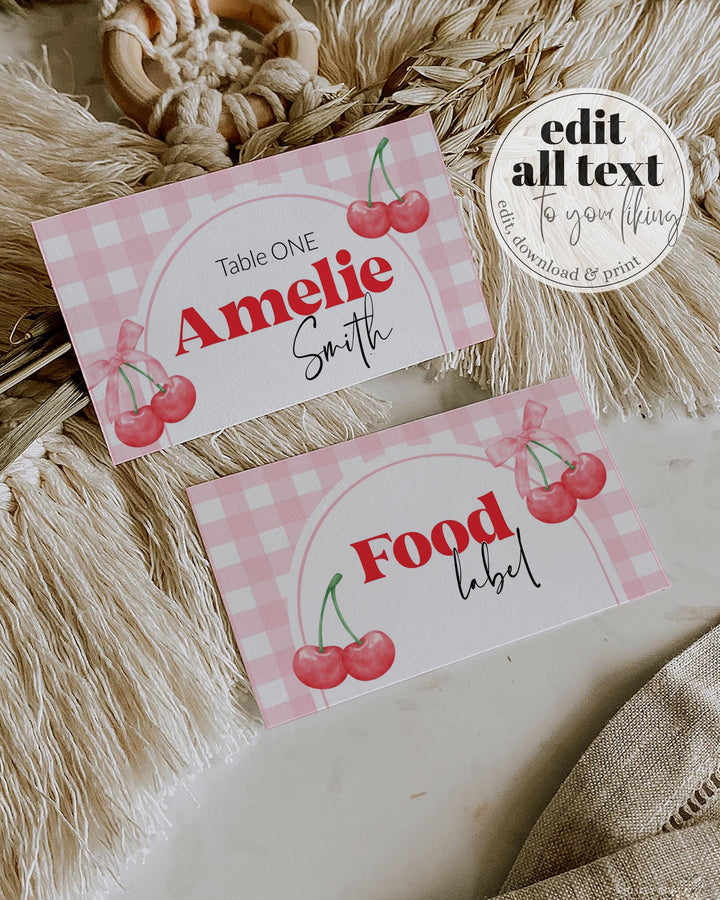 Cherry on top place cards for Cherry themed Baby Shower 1st Birthday or Bachelorette Gingham Coquette Bow food label Template #068 - TheLovebirdsDesign