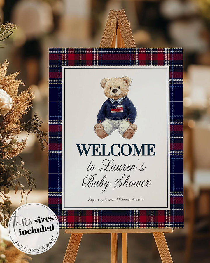 Vintage Classic Teddy Bear Baby Shower Welcome Sign Polo Baby Shower Decorations Sign Boy Luxury Bear Baby Shower Welcome Sign Template #068 - TheLovebirdsDesign