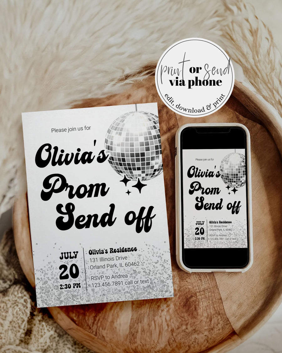 Disco Prom Send Off Invitation, Groovy 70s Prom or Graduation Party Template 065D-PROM - marryful.org