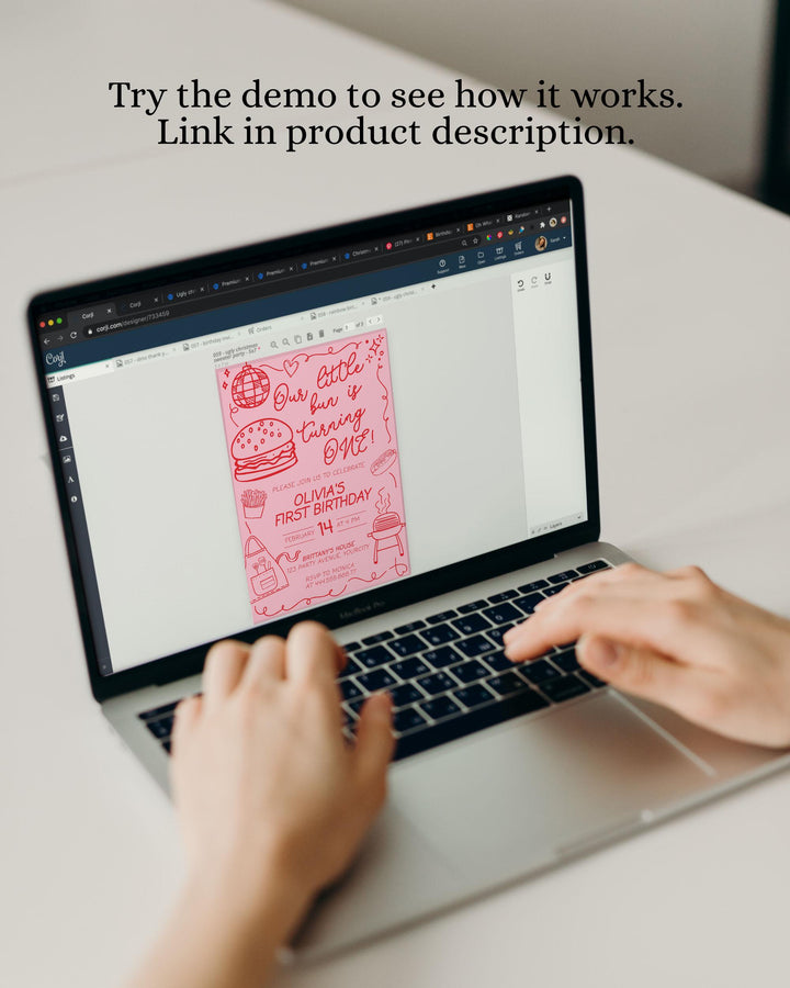 Handwritten BBQ Burger 1st Birthday Invitation, Funky Doodle Pink Backyard Barbecue Invitation Summer Garden Party Printable Template #070 - TheLovebirdsDesign