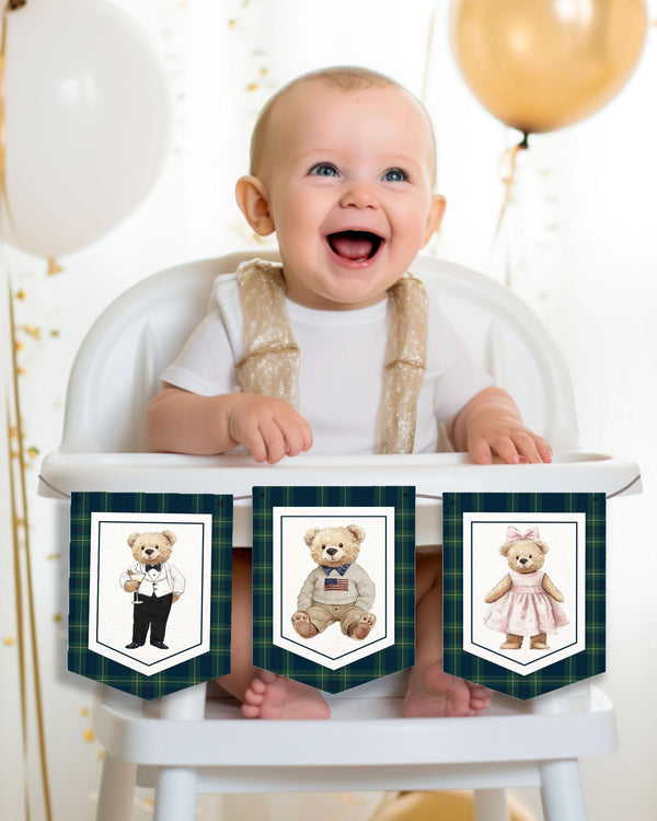 Vintage Polo Teddy Bear Banner Garland Baby Shower Bunting Banner Luxury Bear Baby Shower Decoration Chair Banner Template #068 - TheLovebirdsDesign