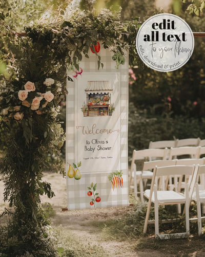 Locally Grown Custom Fabric Banner Sign Baby Shower Decorations Farmers Market Stand Wall Tapestry Birthday Decor Fruit Shower Template #068 - TheLovebirdsDesign