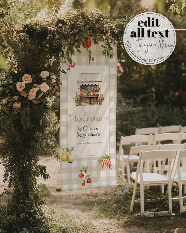 Locally Grown Custom Fabric Banner Sign Baby Shower Decorations Farmers Market Stand Wall Tapestry Birthday Decor Fruit Shower Template #068 - TheLovebirdsDesign