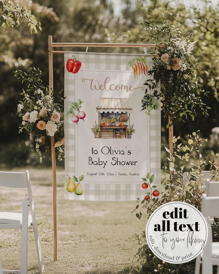 Locally Grown Custom Fabric Banner Sign Baby Shower Decorations Farmers Market Stand Wall Tapestry Birthday Decor Fruit Shower Template #068 - TheLovebirdsDesign