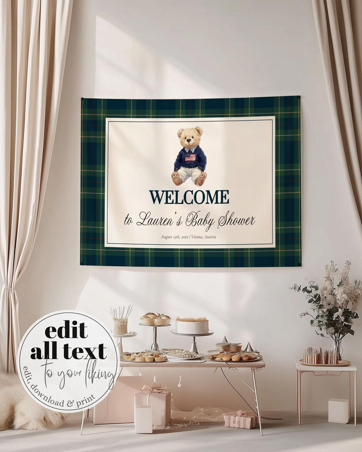 Vintage Polo Teddy Wall Tapestry Baby Shower Fabric Welcome Banner Decoration Boys, Luxury Bear Baby Shower Welcome Banner Template #068 - TheLovebirdsDesign