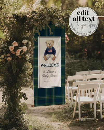 Vintage Polo Teddy Wall Tapestry Baby Shower Fabric Welcome Banner Decoration Boys, Luxury Bear Baby Shower Welcome Banner Template #068 - TheLovebirdsDesign