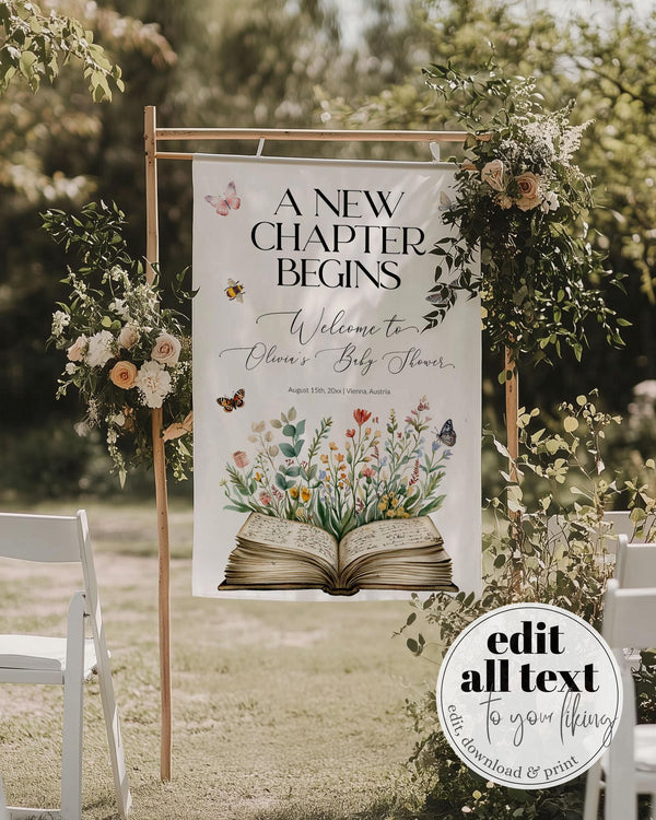 Storybook Baby Shower Wall Tapestry New Chapter Begins Linen Fabric Welcome Sign Printable Once upon a time Book Shower Decor Template #072 - TheLovebirdsDesign