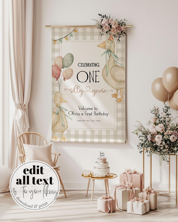 One Silly Goose Wall Tapestry Coquette Silly Goose 1st Birthday Linen Fabric Welcome Banner Printable Party Decoration Sign Template #068 - TheLovebirdsDesign