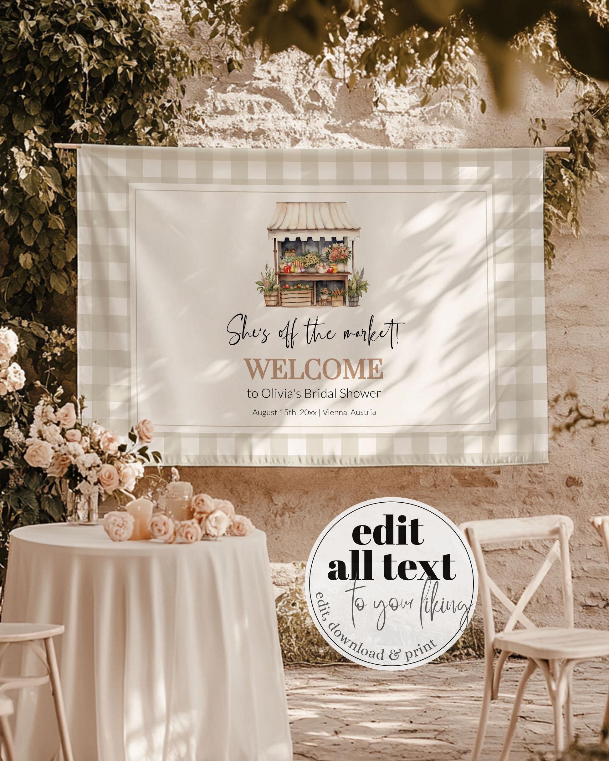 Fresh Off the Market Shower Welcome Banner Farmers Market Wall Tapestry Summer Linen Fabric Banner Wedding Shower Decor Sign Template #072 - TheLovebirdsDesign