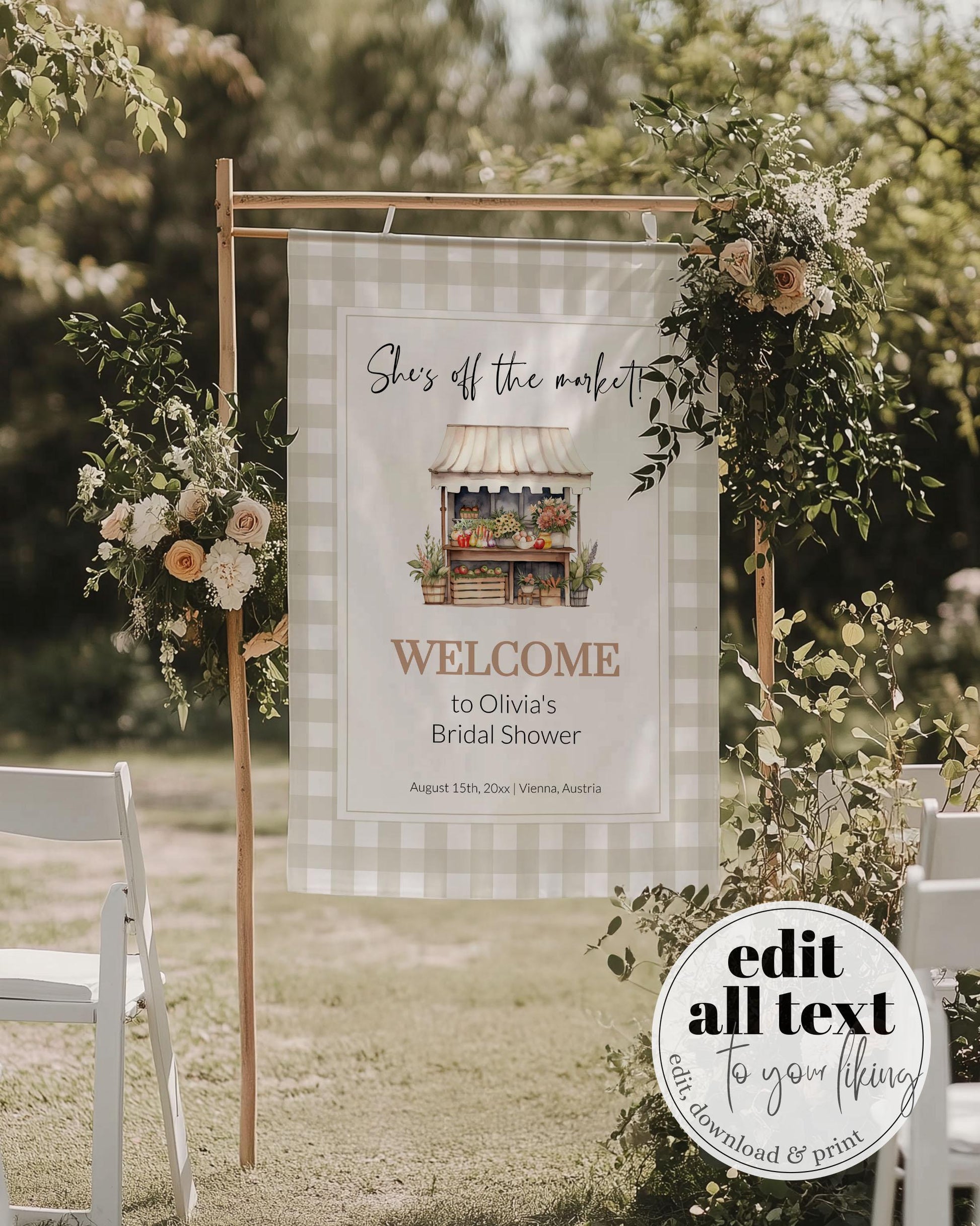 Fresh Off the Market Shower Welcome Banner Farmers Market Wall Tapestry Summer Linen Fabric Banner Wedding Shower Decor Sign Template #072 - TheLovebirdsDesign