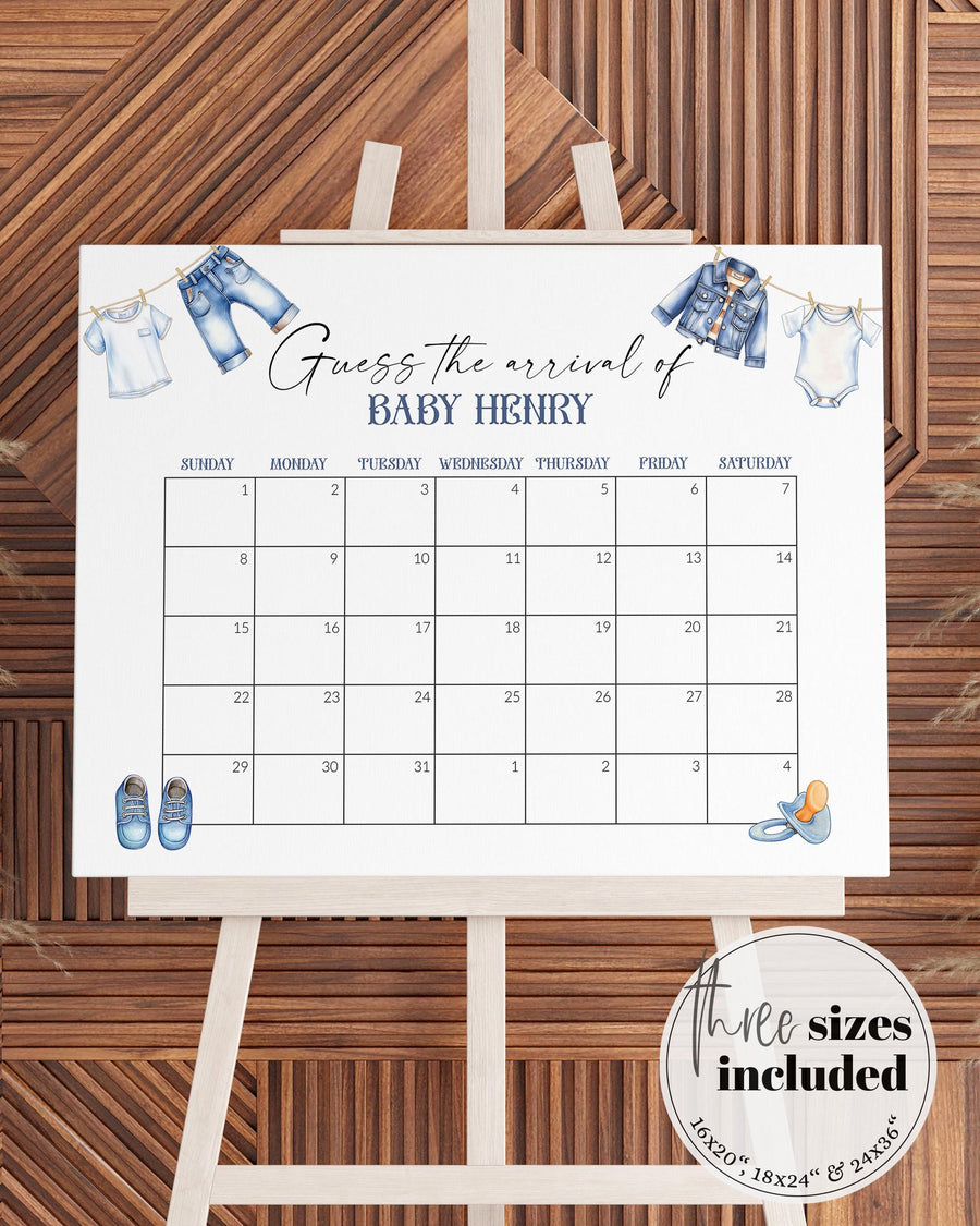 Blue Jean Baby Shower Games Guess Due Date Sign Template, Denim Baby Arrival 013BJ-GUDD - marryful.org