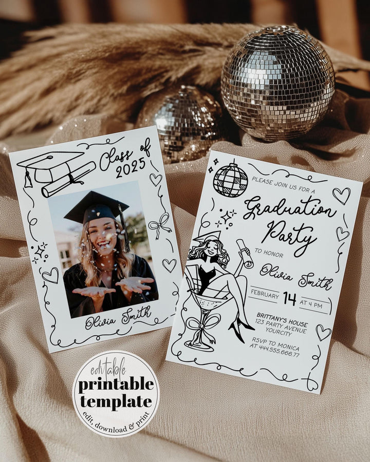 Graduation Party Invitation Class of 2025 Handdrawn Martini with Bow Wavy Frame Invitation Template High School College or Grad Party #070 - TheLovebirdsDesign