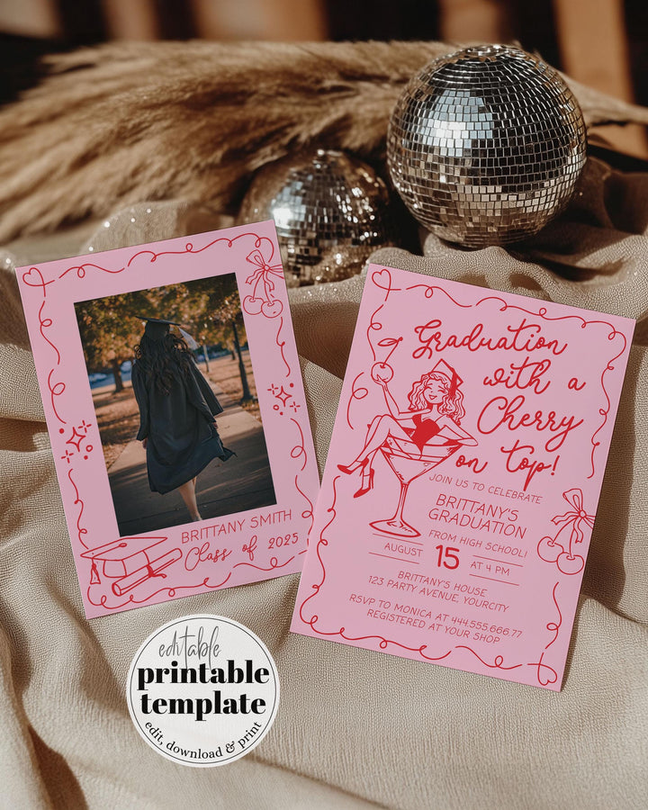 Graduation with a Cherry on Top Pink Grad Party Invitation Funky Doodle Class of 2025 Handdrawn Invite Template High School College #070 - TheLovebirdsDesign