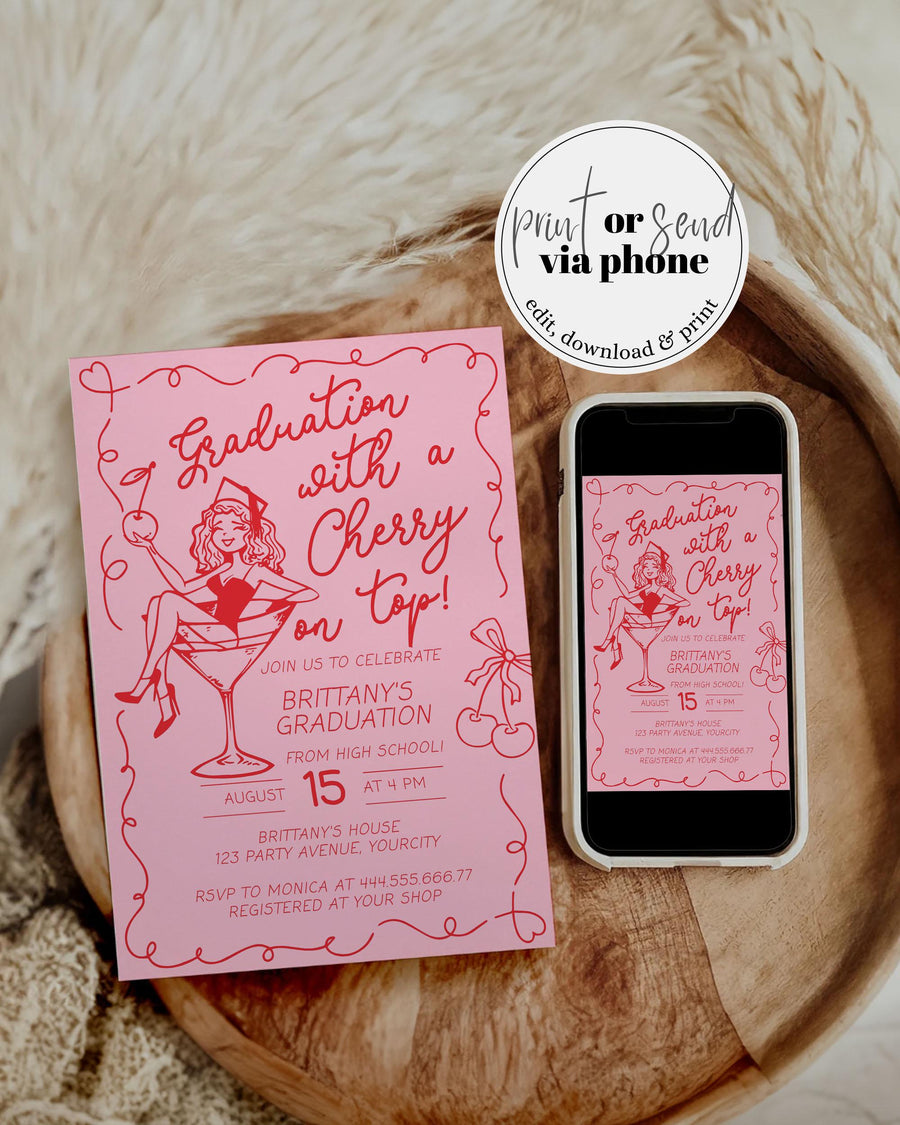 Cherry Graduation Invitation Class of 2026 Pink Funky Doodle Wavy Frame Editable Template 070PI-GRAD-INV - marryful.org