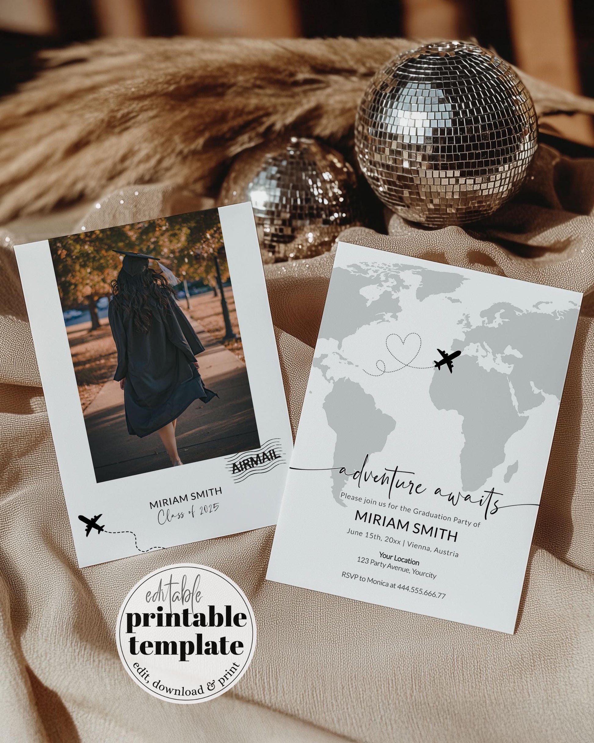 Adventure Awaits Graduation Party Invitation Template Travel-Themed Custom Graduate Invites for High School and College Celebrations #072w - TheLovebirdsDesign