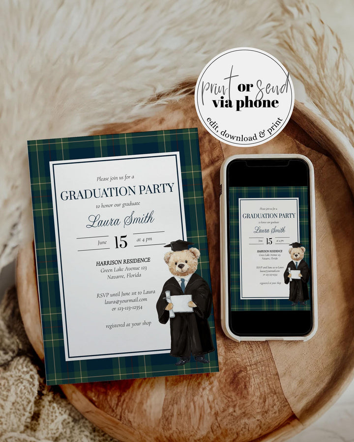 Classic Polo Graduation Party Invitation Luxury Teddy Bear Vintage Plaid Invite Template Editable Class of 2025 Elegant Printable #068 - TheLovebirdsDesign
