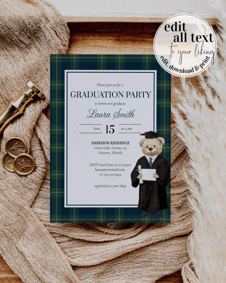 Classic Polo Graduation Party Invitation Luxury Teddy Bear Vintage Plaid Invite Template Editable Class of 2025 Elegant Printable #068 - TheLovebirdsDesign