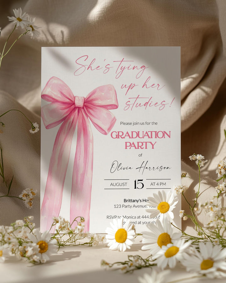 Pink Bow Graduation Party Invitation Template Class of 2025 She is tying her studies Coquette Grad Invite for High School or College #072 - TheLovebirdsDesign