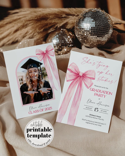 Pink Bow Graduation Party Invitation Template Class of 2025 She is tying her studies Coquette Grad Invite for High School or College #072 - TheLovebirdsDesign
