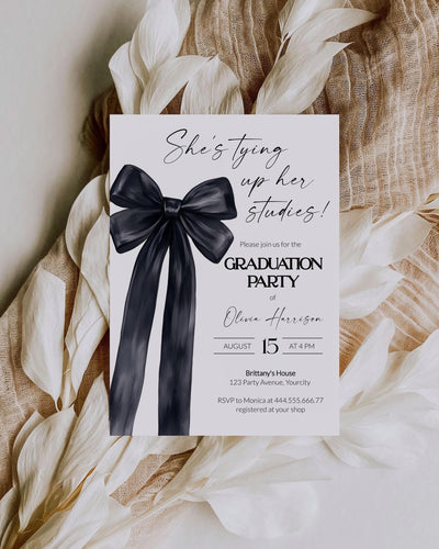 Black Bow Graduation Party Invitation for Class of 2025 Classic Coquette Bow Grad Party Invite Printable Ribbon Bow Editable Template #072 - TheLovebirdsDesign
