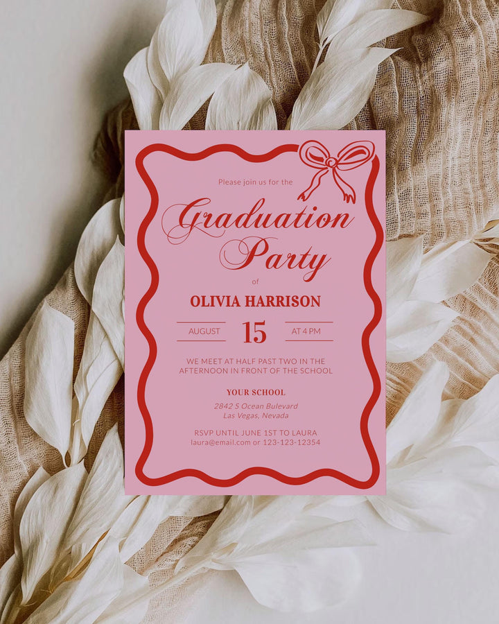 Pink Wavy Frame Graduation Party Invitation Girl Class of 2025 Coquette Grad Party Invite Template for Summer High School or College #072 - TheLovebirdsDesign