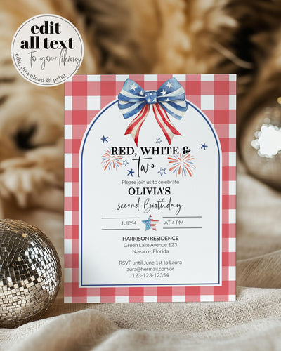 Vibrant 4th of July second birthday invitation featuring a red and white checkered design, fireworks illustrations, and festive ribbons, personalized for Olivia’s special day.