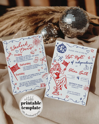 Hand-drawn invitation card for a Fourth of July celebration, featuring festive illustrations like fireworks and cocktails, detailing the event schedule for Friday, Saturday, and Sunday.
