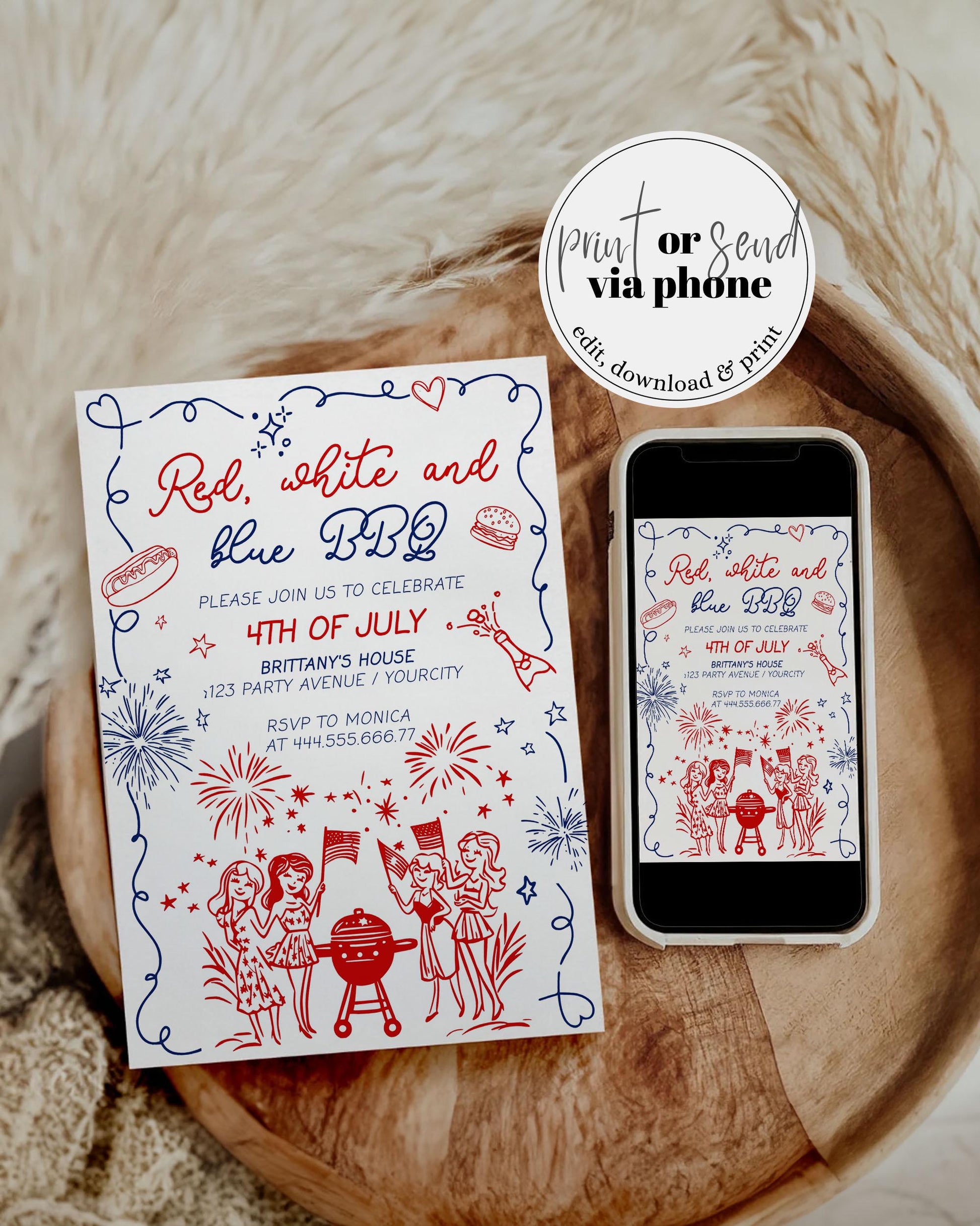 4th of July Backyard BBQ Grill Party Invitation Handwritten Independence Day Barbeque Invite Template Wavy Frame Funky Patriotic Doodle #070 - TheLovebirdsDesign