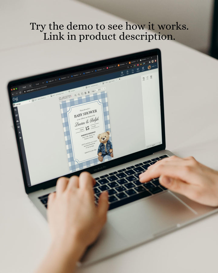 Blue Jeans Teddy Bear Baby Shower Guest Favor Tags Gift Label or Sticker Printable Vintage Classic Polo Teddy Bear Denim Decor Template #068 - TheLovebirdsDesign