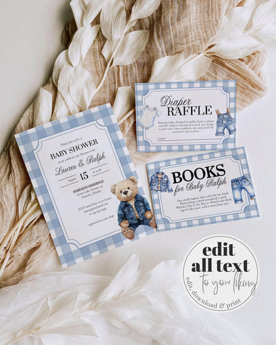 Blue Jeans Teddy Bear Baby Shower Invitation for Boys Printable Vintage Classic Polo Teddy Bear Denim Baby Shower Invite Template #068 - TheLovebirdsDesign
